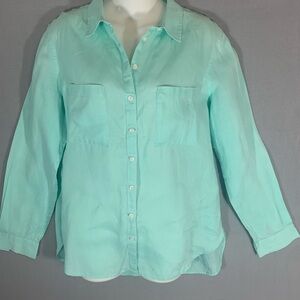 Boden Green Button Down Shirt with Notched Collar Ladies Size 8 Reg 100% Linen